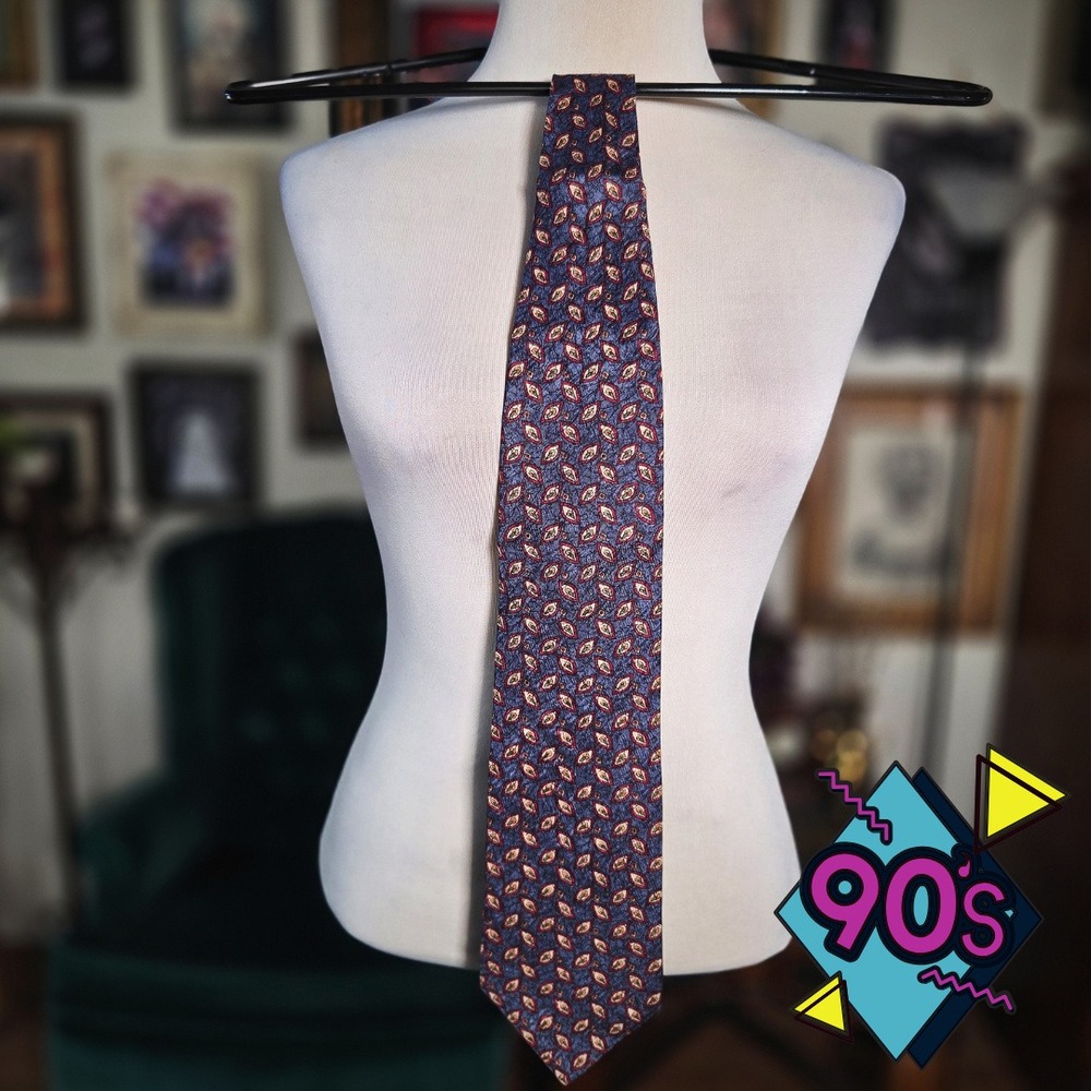 Structure Silk Tie Vintage 90s Geometric Abstract Blue Red Gold Made in USA 55"